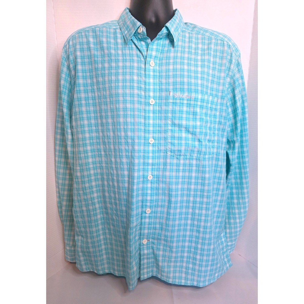 Simms Fishing Products Mens Large Teal White Plaid Long Sleeve Button Down Shirt